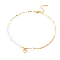 Collar de la joyería de titanio, Partículas de acero, con Perlas plásticas, con 5cm extender cadena, Corazón, Recubrimiento iónico al vacío, ajustable & para mujer, dorado, 12mm, longitud:40 cm, Vendido por UD