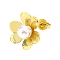 Brass Stud Earring, with Shell Pearl, Flower, gold color plated & for woman, gold 