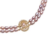 Collier de chaîne en laiton de perles d'eau douce, perle d'eau douce cultivée, avec laiton, riz, Placage de couleur d'or, Double couche & pour femme & avec strass, violet, 4-5mm .93 pouce, Vendu par PC