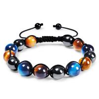 Gemstone Woven Ball Bracelets, Tiger Eye, with Knot Cord & Black Stone, handmade, fashion jewelry & Unisex, 10mm Approx 7.5-11.8 Inch 