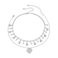 Zink Legierung Straßkette, Eisen, mit Zinklegierung, mit Verlängerungskettchen von 7ccm, Herz, Platinfarbe platiniert, Doppelschicht & Modeschmuck & einstellbar & für Frau & mit Strass, Platin Farbe, Länge:35 cm, verkauft von PC