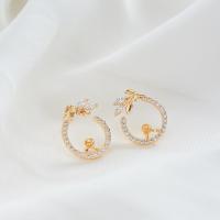 Brass Earring Stud Component, gold color plated & micro pave cubic zirconia 