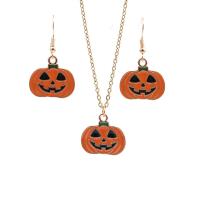 Zinklegierung Mode Schmuckset, Ohrring & Halskette, Kürbis, goldfarben plattiert, Design für Halloween & 2 Stück & für Frau & Emaille, orange, 21x37mm, Länge:15.75 ZollInch, 2PCs/setzen, verkauft von setzen