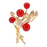 Broche de diamantes de imitación de la aleación de Zinc, con Perlas plásticas, chapado en color dorado, para mujer & con diamantes de imitación, Rojo, 34x55mm, Vendido por UD