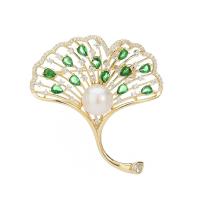 Cubic Zirconia Brooch, Brass, with Plastic Pearl, Ginkgo Leaf, gold color plated, for woman & with cubic zirconia, green 