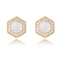 Silver Earring Zircon pavent Sterling, Argent sterling 925, avec Moonstone, Placage de couleur d'or, pavé de micro zircon & pour femme, Or, 9.5mm, Vendu par paire