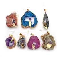 Ice Quartz Agate Pendants, with Quartz & Brass, irregular, gold color plated, druzy style & Unisex & hollow 25x41- 