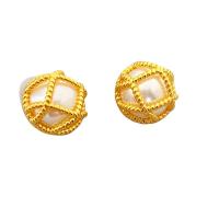 Brass Stud Earring, with Plastic Pearl, Dome, 18K gold plated, for woman, white, 19.3mm 