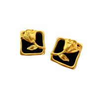 Brass Stud Earring, with Black Agate, Square, 18K gold plated, for woman, black, 16.5mm 