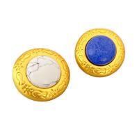 Brass Stud Earring, with Howlite & Lapis Lazuli, Flat Round, 18K gold plated, for woman 25.8mm 