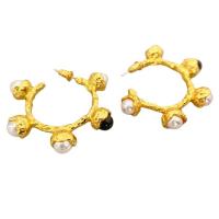 Brass Stud Earring, with Black Agate & Crystal & Plastic Pearl, 18K gold plated, for woman 39.5mm 