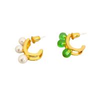 Brass Stud Earring, with Crystal & Plastic Pearl, 18K gold plated, for woman 