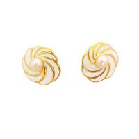 Brass Stud Earring, with Plastic Pearl, Flower, 18K gold plated, for woman & enamel, white, 16.7mm 