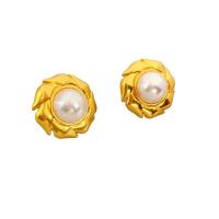 Brass Stud Earring, with Plastic Pearl, Pinwheel, 18K gold plated, for woman, white, 22mm 