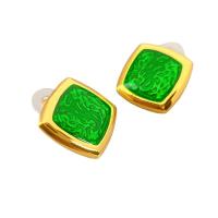 Brass Stud Earring, Square, 18K gold plated, for woman & enamel, green, 21mm 