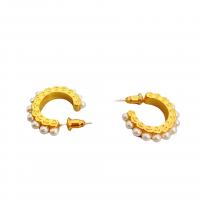 Brass Stud Earring, with Plastic Pearl, Letter C, 18K gold plated, for woman, white, 20mm 