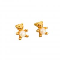 Brass Stud Earring, with Plastic Pearl, Bear, 18K gold plated, for woman, white 