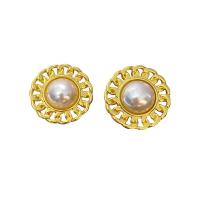 Brass Stud Earring, with Plastic Pearl, gold color plated, for woman & hollow 