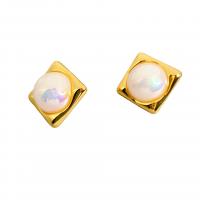 Brass Stud Earring, with Plastic Pearl, Square, 18K gold plated, for woman, white 