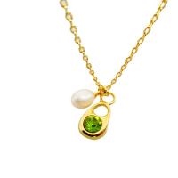 Collier de chaîne en laiton de perles d'eau douce, avec perle d'eau douce cultivée, larme, Plaqué d'or 18K, pour femme & avec strass, vert Environ 45 cm, Vendu par PC