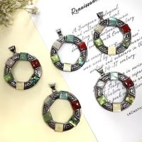 Gemstone Zinc Alloy Pendants, with Gemstone & White Shell & Abalone Shell, Round, antique silver color plated, DIY 