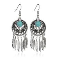 Moda flecos pendientes, aleación de zinc, con turquesa, Atrapasueños, chapado, estilo popular & para mujer & con diamantes de imitación, más colores para la opción, 23x65mm, Vendido por Par