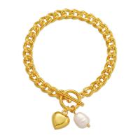 Brass Bracelets, with Plastic Pearl, Heart, 18K gold plated, for woman Approx 6.69 Inch 