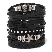 Pulsera de cuero , Cuero de PU, con Cuero de vaca & Cordón de cera & plástico recubierto de cobre & aleación de zinc, con 8-9cm extender cadena, 6 piezas & Joyería & para mujer, Negro, 17-18cm, Vendido por UD