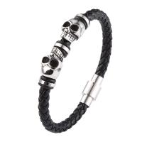 Cuero Pulsera, con PU de microfibra & acero inoxidable 316, Calavera, pulido, Joyería & longitud diferente para la opción & para hombre, más colores para la opción, 6mm, Vendido por UD