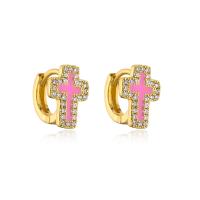 Brass Huggie Hoop Earring, Cross, 18K gold plated, micro pave cubic zirconia & for woman & enamel 