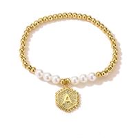 Brass Bracelets, with Plastic Pearl, gold color plated, elastic & with letter pattern & for woman, gold, 170mm 