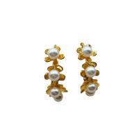 Brass Stud Earring, with Shell Pearl, real gold plated, fashion jewelry & for woman, gold, 25mm 