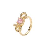 Cubic Zirconia Micro Pave Brass Finger Ring, Bowknot, 18K gold plated, Adjustable & micro pave cubic zirconia & for woman 