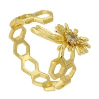 laiton Cuff Bague, avec zircon cubique, fleur, Placage de couleur d'or, bijoux de mode & réglable & creux, doré 5.5mm Vendu par PC