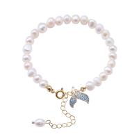 Kultivierten Süßwasser Perle Messing Armband, mit Natürliche kultivierte Süßwasserperlen, mit Verlängerungskettchen von 1.97inch, hochwertige plattiert und nie verblassen, Modeschmuck & Micro pave Zirkonia & für Frau, Länge:ca. 5.51 ZollInch, verkauft von PC