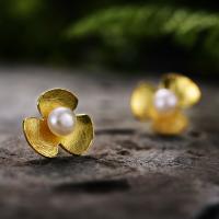 Brass Stud Earring, with Plastic Pearl, Three Leaf Clover, plated, fashion jewelry & for woman 5mm 