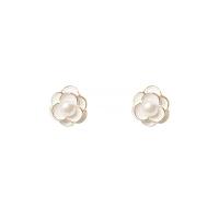 Boucle d'oreille en alliage de zinc en plastique perle, avec plastique, fleur, Placage de couleur d'or, pour femme & émail, blanc Vendu par paire