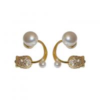 Zinc Alloy Rhinestone Stud Earring, with Plastic Pearl, Tulip, gold color plated, for woman & enamel & with rhinestone 