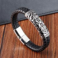 Cuero de PU Pulsera, con acero inoxidable 304, pulido, Joyería & para hombre, Negro, longitud:21 cm, Vendido por UD