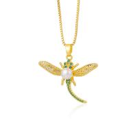 Cubic Zircon Micro Pave Brass Necklace, Dragonfly, gold color plated & micro pave cubic zirconia & for woman & with plastic pearl, gold, 480mm 