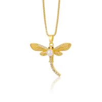 Cubic Zircon Micro Pave Brass Necklace, Dragonfly, gold color plated & micro pave cubic zirconia & for woman & with plastic pearl, gold, 480mm 