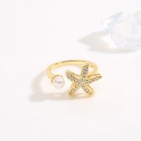 Brass Cuff Finger Ring, with Plastic Pearl, Starfish, real gold plated, Adjustable & micro pave cubic zirconia & for woman 