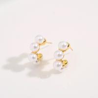 Brass Stud Earring, with Plastic Pearl, real gold plated, for woman, 19mm 