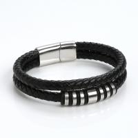 Cuero de PU Pulsera, con acero inoxidable 316L, pulido, Doble capa & Joyería & para hombre, Negro, longitud:21 cm, Vendido por UD