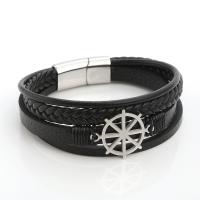 Cuero de PU Pulsera, con acero inoxidable 316L, Buque de Ruedas, pulido, Joyería & multicapa & para hombre, Negro, longitud:21 cm, Vendido por UD