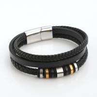 Cuero de PU Pulsera, con acero inoxidable 316L, Recubrimiento iónico al vacío, Joyería & multicapa & para hombre, Negro, longitud:21 cm, Vendido por UD