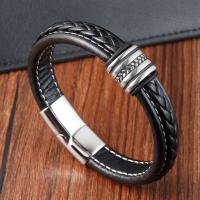 Cuero de PU Pulsera, con acero inoxidable 304, pulido, Joyería & para hombre, Negro, longitud:21 cm, Vendido por UD