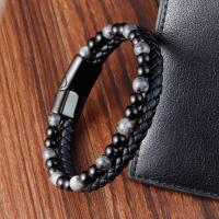 Cuero de PU Pulsera, con Piedras preciosas & acero inoxidable 304, iónico negro, Joyería & para hombre, Negro, longitud:21 cm, Vendido por UD