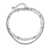 Collier de perles en plastique, perle de plastique, avec fer & alliage de zinc, avec 2.7inch chaînes de rallonge, Placage de couleur platine, Double couche & pour homme & avec strass Environ 15.7 pouce, Environ  17.7 pouce, Vendu par PC