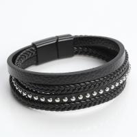 aleación de zinc Pulsera, con Cuero de PU, pulido, Joyería & con el perno prisionero del remache & para hombre, Negro, longitud:21 cm, Vendido por UD